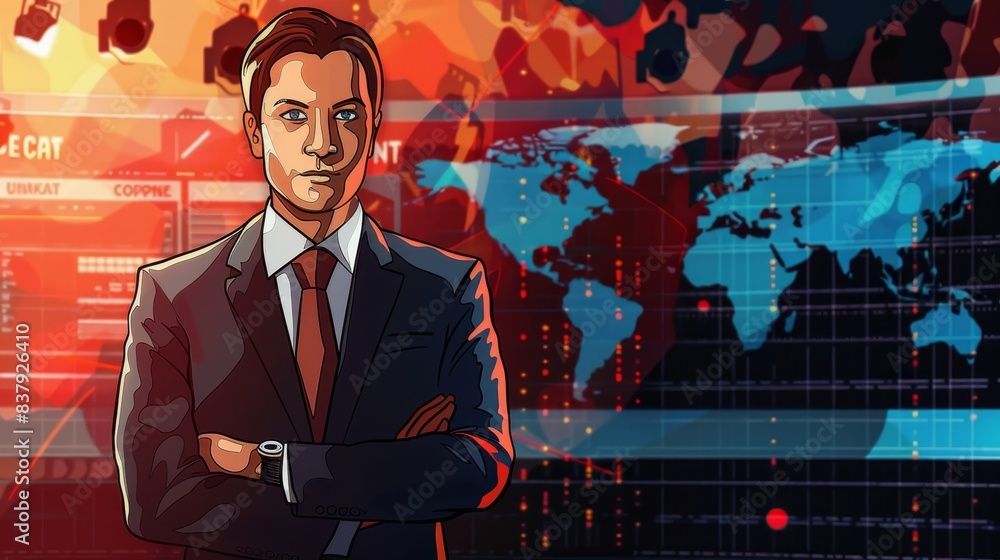Illustration of a serious businessman in a suit standing with arms crossed, with a world map in the background. Illustration of a serious businessman in a suit standing with arms crossed, with a world map in the background.