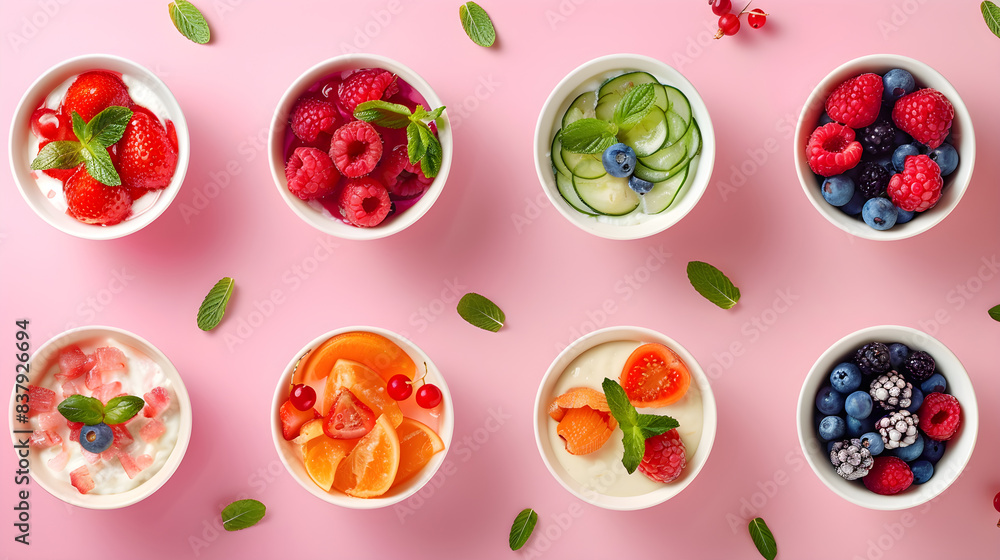 A wide variety of food on a pink background. A wide variety of food on a pink background.