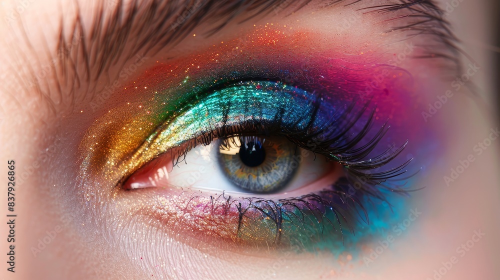 Close-up of a human eye with vibrant, colorful makeup, featuring shimmering glitter. Close-up of a human eye with vibrant, colorful makeup, featuring shimmering glitter.