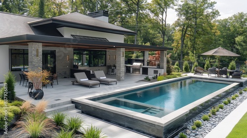 A stunning modern backyard with pristine landscaping  beautiful designed beds  modern grill  gazebo and modern fire pit  beautiful pool. Generative AI.