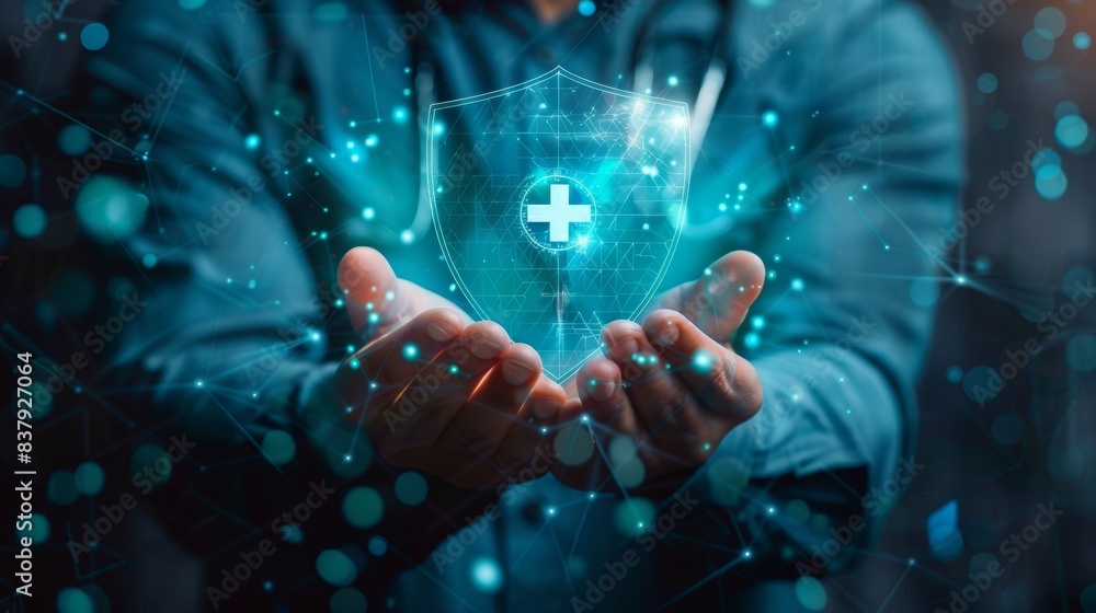 Digital Health Protection CloseUp of Hands with Virtual Medical Shield Innovative Healthcare Technology Concept Digital Health Protection CloseUp of Hands with Virtual Medical Shield Innovative Healthcare Technology Concept