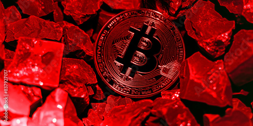 Bitcoin Münze als Zahlungsmittel in der Zukunft mit Gold Nuggets in rot