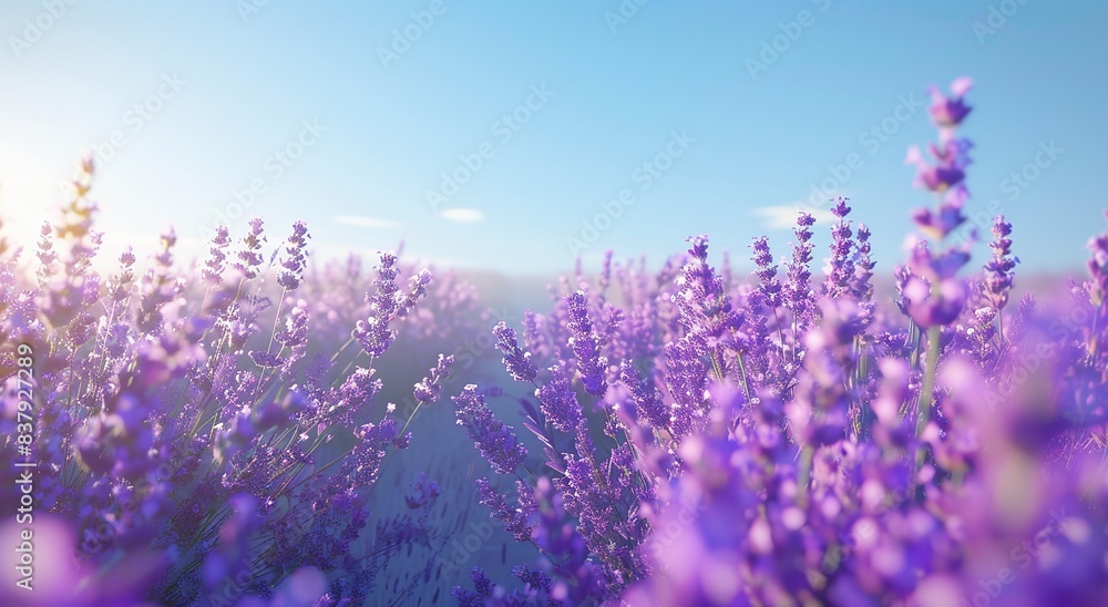 Fototapeta premium Lavender field with a blurred background of a blue sky and distant mountains, a real photo, closeup of lavender flowers