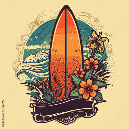 Hawaiian style surf club and surf school design. Retro vintage label.