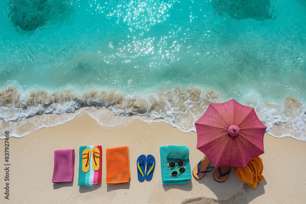 Naklejka premium flip flops on the sand, Imagine Step into a summer paradise with a vibrant tropical beach scene, complete with sunbathing accessories such as colorful towels