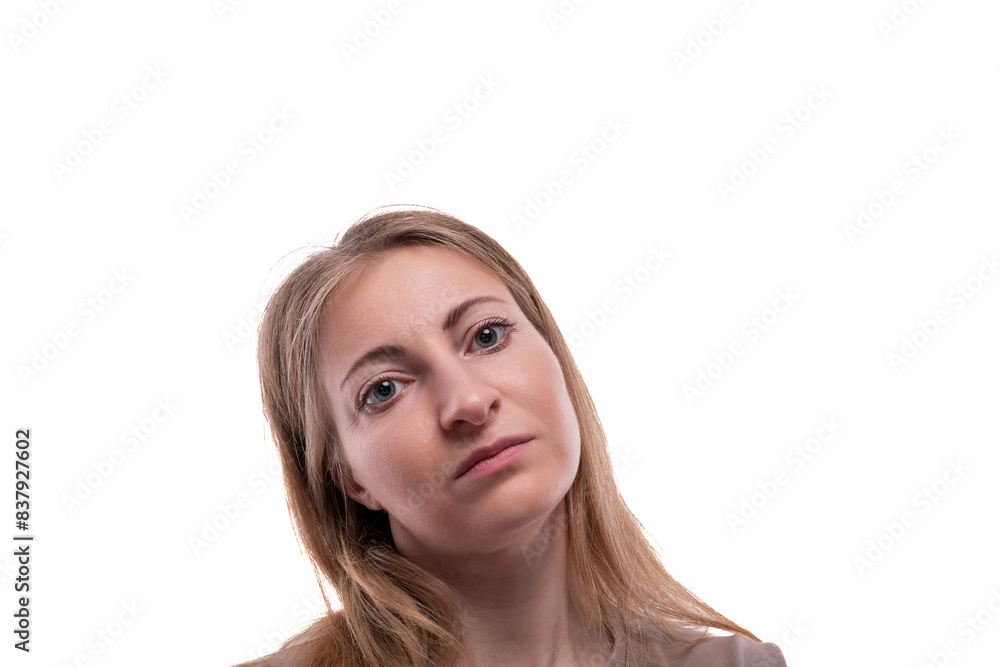 Close-up of a caucasian blond woman wearing a t-shirt Close-up of a caucasian blond woman wearing a t-shirt
