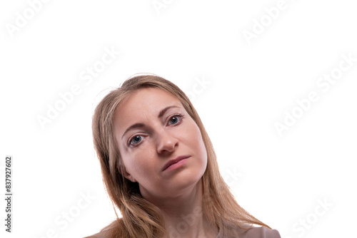 Close-up of a caucasian blond woman wearing a t-shirt © Ivan Traimak