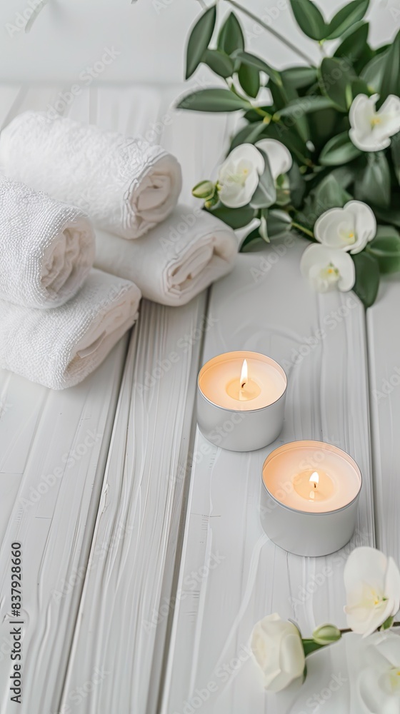 candles and towels elegantly arranged on a white wooden table against a soft, light background, with ample copy space available for text placement, creating a serene and inviting ambiance. candles and towels elegantly arranged on a white wooden table against a soft, light background, with ample copy space available for text placement, creating a serene and inviting ambiance.