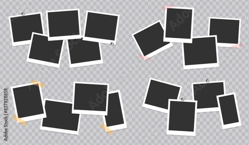 Collection of photo frames. Photo frames are secured with tape and snaps on a transparent background. Vector illustration
