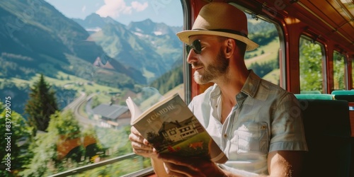 Man reading a travel guide on a train journey through scenic mountains generated by AI