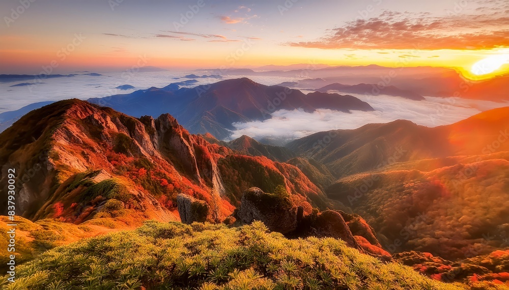 Fototapeta premium A breathtaking sunrise over a mountain range with blooming pink flowers in the foreground, mist covering the valleys, and a colorful sky. 