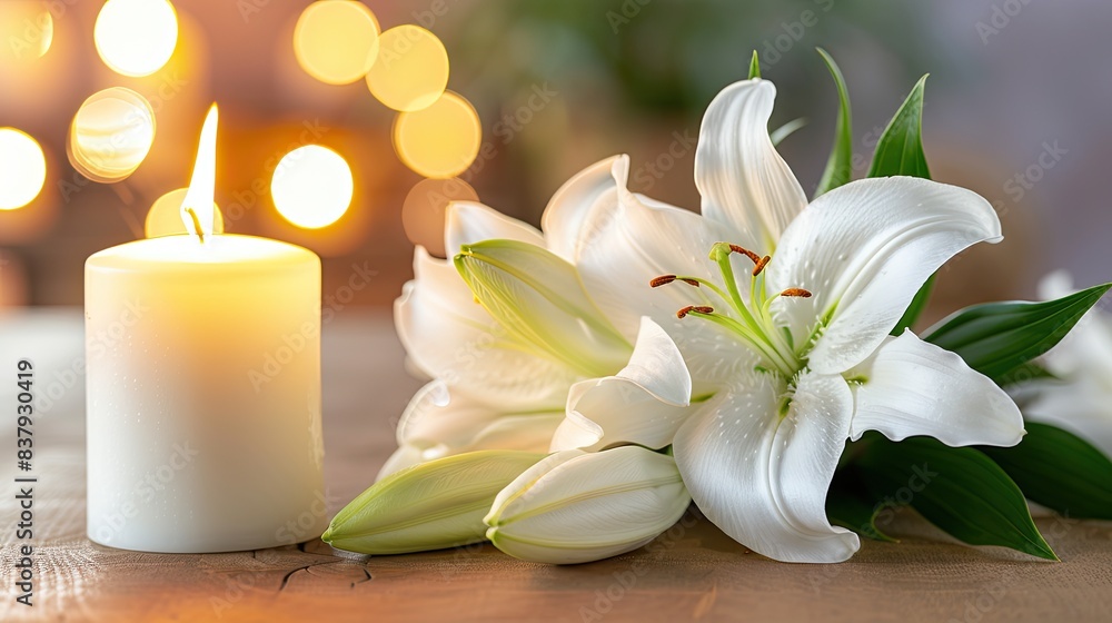 beautiful white lilies and burning candles arranged on a table, set against a softly blurred background, offering a serene and elegant ambiance with ample space available for text placement.