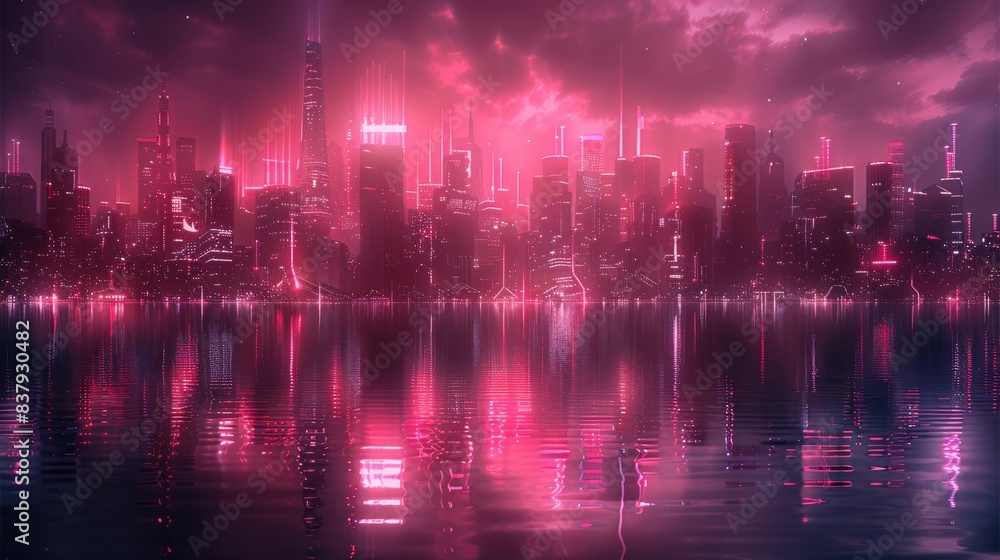 Skyline metropolis sci fi city with the pinky light tone weird shape building, dark theme background. Generative AI. Skyline metropolis sci fi city with the pinky light tone weird shape building, dark theme background. Generative AI.