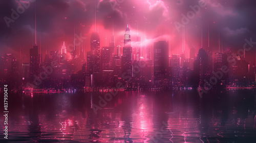 Skyline metropolis sci fi city with the pinky light tone weird shape building, dark theme background. Generative AI. © visoot