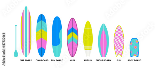 Collection different types of surfboards in various patterns