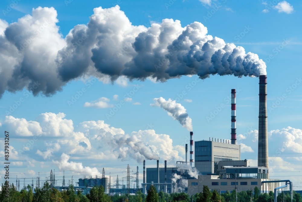 Industrial power plant with thick CO2 smoke from chimney Industrial power plant with thick CO2 smoke from chimney
