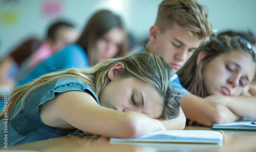 Group of students looking tired during exam Group of students looking tired during exam