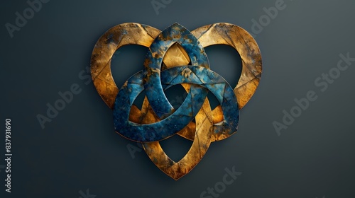 Vintage golden Celtic knot emblem on dark background for elegant design, featuring intricate interlacing loops and metal texture with a rusted iron lookalike finish, perfect for sophisticated projects
