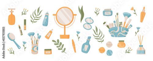 Cartoon eco skincare and makeup product collection, trendy fashion make up set composition, colorful moisturizing skin care tubes with mirror and green leaves, flat organic cosmetic lotion bottle.