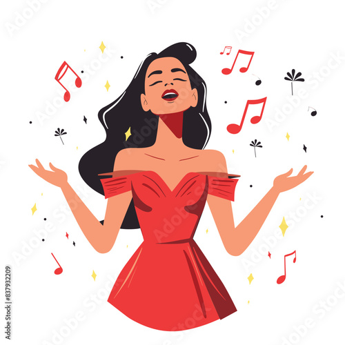 Young Asian woman singing joyfully, wearing red dress, musical notes around, expressing happiness. Cartoon female singer performing concert, celebration vibes, stylish hairdo. Singing artist