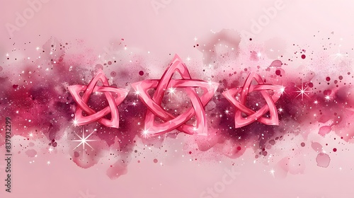 Vibrant pink ribbons with sparkles and watercolor splash on pastel background, abstract festive decoration, creative artistry, elegant design, trendy digital art, fantasy magic, fashionable texture