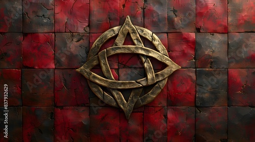 Vintage golden pentacle symbol on red and black tiled background mystical occult esoteric concept for stock photo featuring magic witchcraft pagan wiccan ritualistic sorcery mystery fantasy dark eerie