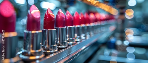 A conveyor belt accelerates over a line of vivid lipsticks over a fuzzy backdrop, depicting lipsticks and an infusion apparatus in a cosmetics manufacturing facilities and space, Generative AI. photo