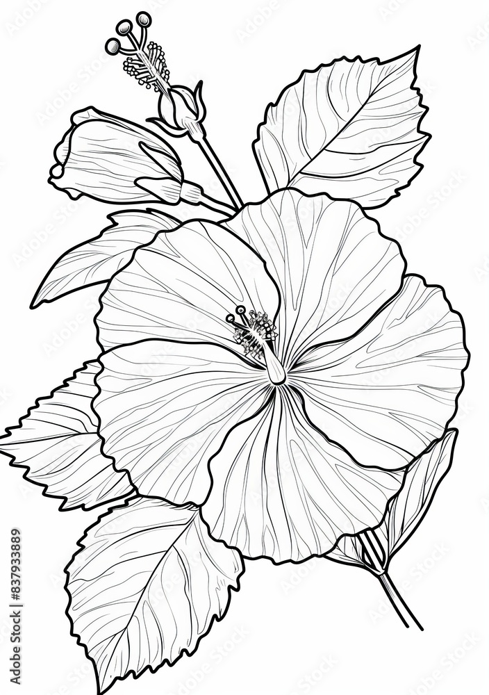Fototapeta premium This image shows a simple line drawing coloring page of a hibiscus flower. The image is designed to be easy for children to color. The flower is depicted in full bloom with detailed leaves and a bud.