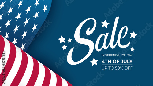 4th of July Sale. Independence Day commercial banner with hand lettering and waving american flag for shopping activities and holiday sales promotion. Vector illustration.