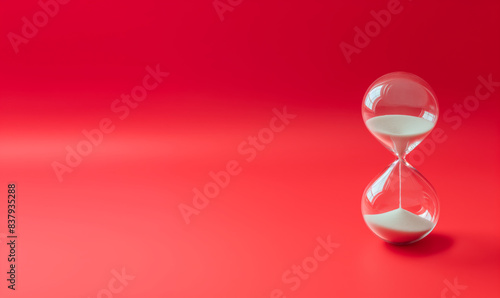 Hourglass on Red Background: Minimalist Time Concept with Transparent Sand Timer and Vibrant Red Backdrop - Symbolic Image for Time Management, Deadlines, and Urgency with Copy Space