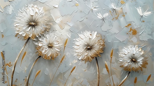 Oil painting of white and gold dandelions for wall art. photo