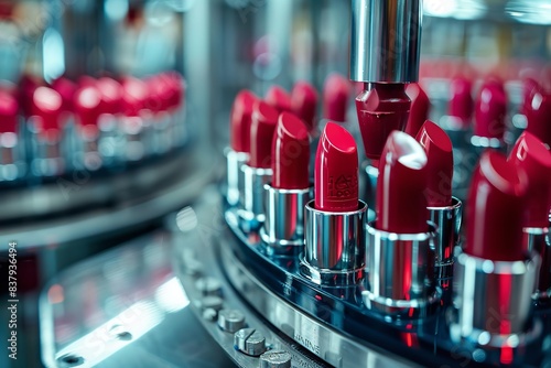 A conveyor belt accelerates over a line of vivid lipsticks over a fuzzy backdrop, depicting lipsticks and an infusion apparatus in a cosmetics manufacturing facilities and space, Generative AI.