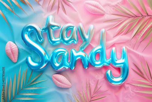 Shiny blue balloon letters spelling "Stay Sandy" on a pink and blue gradient background. Surrounded by tropical leaves and pink seashells. Perfect for summer, beach, and vacation themes.
