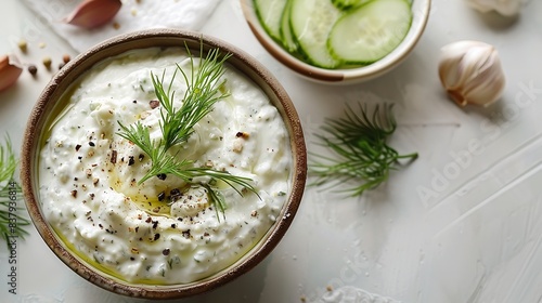 A top view and a close shot of a bowl of tzatziki sauce in a bowl with lots of staffs as decoration and clean backdrop for text or product advertisement background, Generative AI.