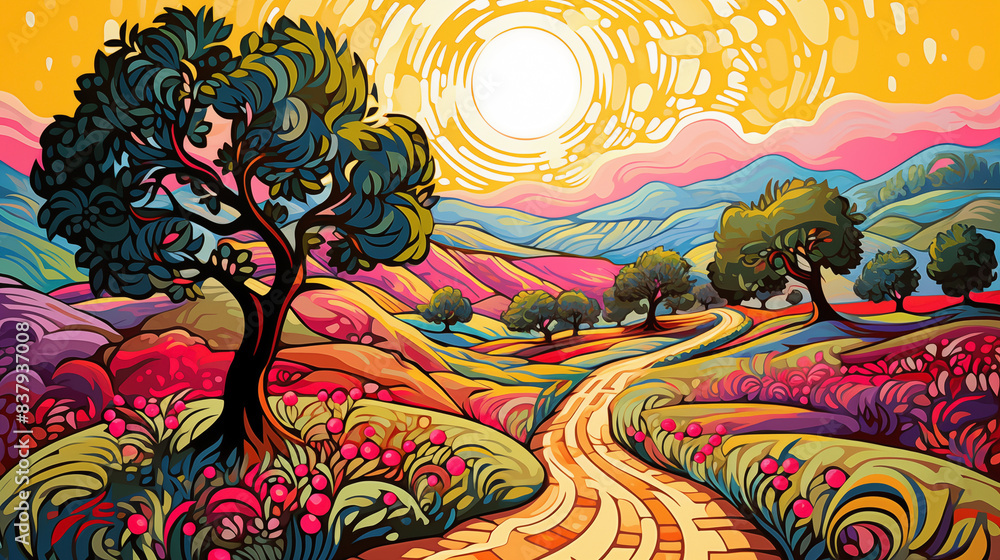 Expressionist art colorful summer landscape with winding path and trees Expressionist art colorful summer landscape with winding path and trees