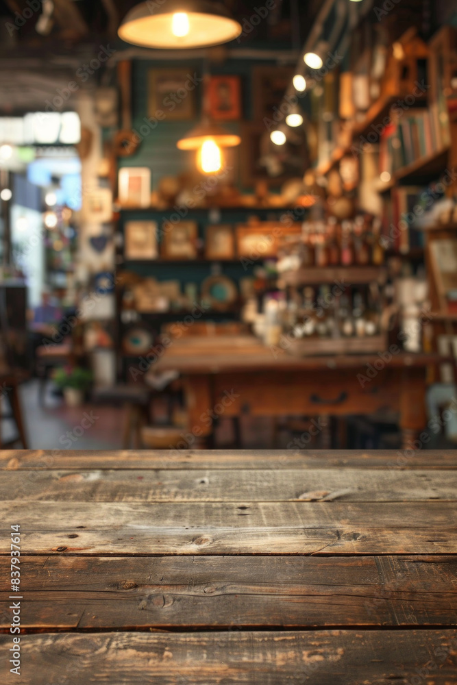A wooden counter in the foreground with a blurred background of an antique shop. The background features vintage furniture, old books, and unique collectibles A wooden counter in the foreground with a blurred background of an antique shop. The background features vintage furniture, old books, and unique collectibles