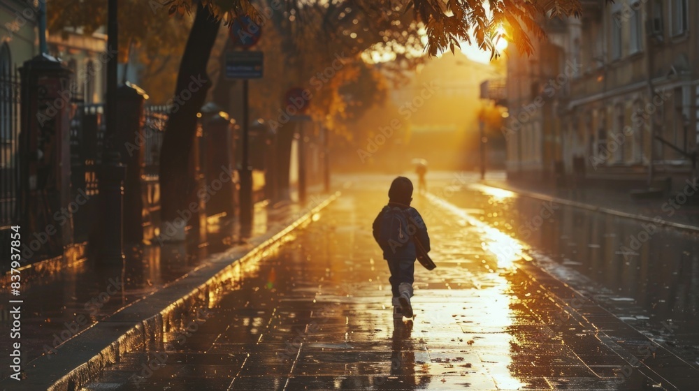 Kid walking back to school in city street, a rainy day in autumn at sunrise. Kid walking back to school in city street, a rainy day in autumn at sunrise.