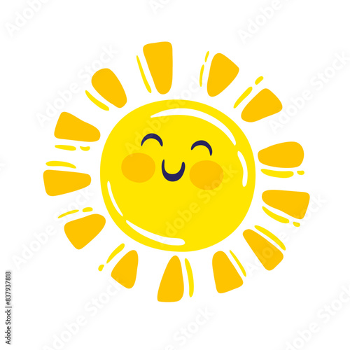 Happy smiling sun, funny sticker, summer symbol, weather sign, logo design, childish clip art element. Hand drawn vector illustration of smiling sun isolated on white background