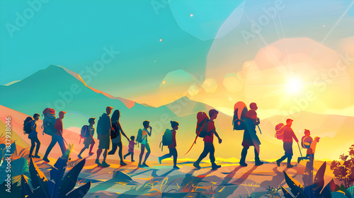 There are many people with backpacks standing on a mountain Mountain Ascent: Hikers Standing Tall with Backpacks at Summit