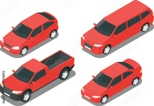 Isometric cars, family car, SUV, sedan, truck, hatchback transportation vector illustration