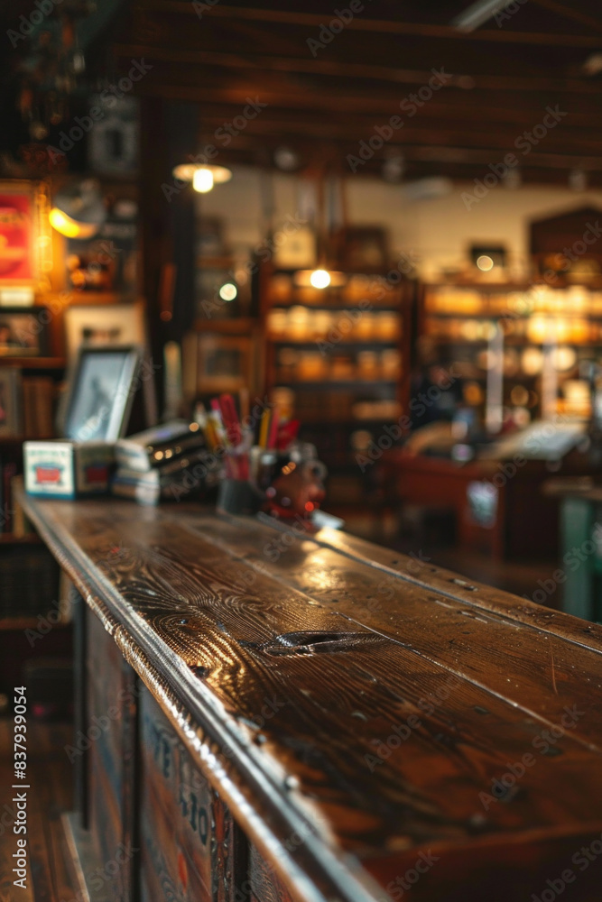 A wooden counter in the foreground with a blurred background of an antique shop. The background features vintage furniture, old books, and unique collectibles A wooden counter in the foreground with a blurred background of an antique shop. The background features vintage furniture, old books, and unique collectibles