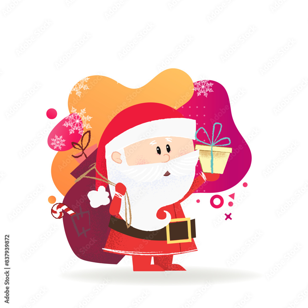 Obraz premium Santa with gifts poster design. Drawing of cartoon Santa Claus carrying sack with presents and giving gift box background with snowflakes. Can be used for topics like Christmas, holiday, festival, car
