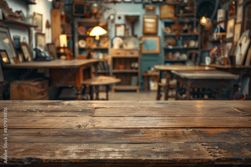A wooden counter in the foreground with a blurred background of an antique shop. The background features vintage furniture, old books, and unique collectibles A wooden counter in the foreground with a blurred background of an antique shop. The background features vintage furniture, old books, and unique collectibles