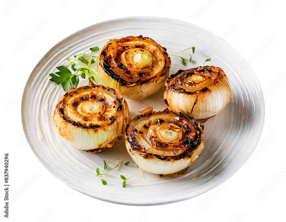 some half cutted onions grilled on a white plate some half cutted onions grilled on a white plate