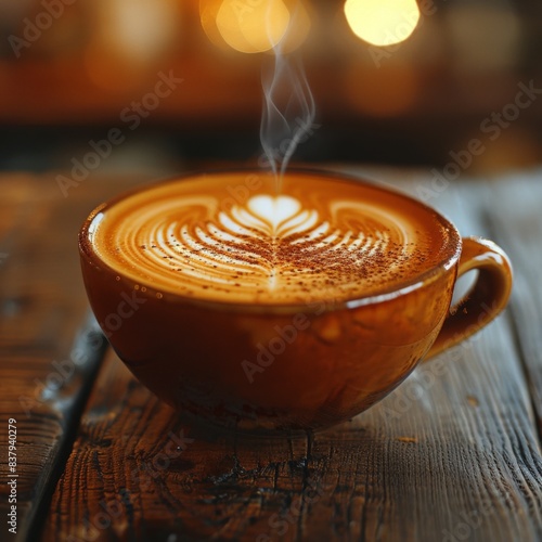 The cup should be filled with freshly brewed coffee, featuring intricate latte art on the surface, such as a leaf or heart design.