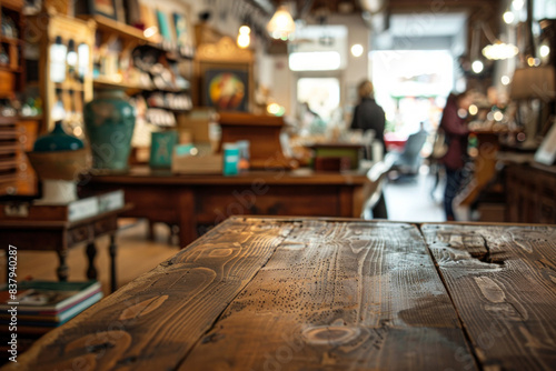 A wooden counter in the foreground with a blurred background of an antique shop. The background features vintage furniture, old books, and unique collectibles photo