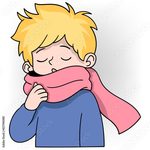 boy wearing winter scarf prevents catching flu virus