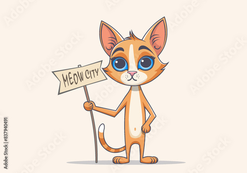 Vector cartoon red sad cute skinny cat. Big Blue eyes. Kawaii kitten stands with sign. Meow city. Light isolated background.