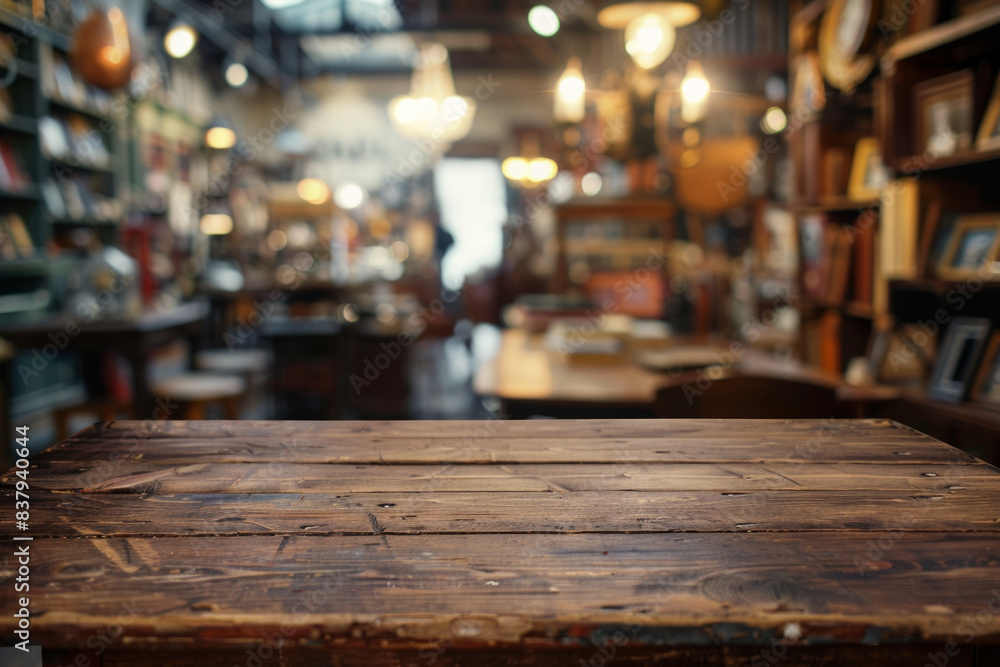 A wooden counter in the foreground with a blurred background of an antique shop. The background features vintage furniture, old books, and unique collectibles A wooden counter in the foreground with a blurred background of an antique shop. The background features vintage furniture, old books, and unique collectibles