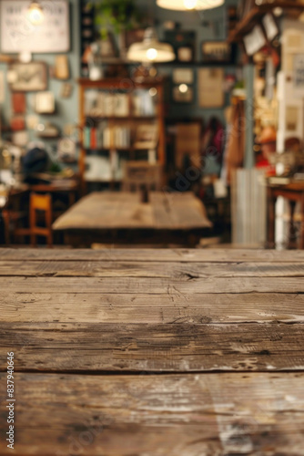 A wooden counter in the foreground with a blurred background of an antique shop. The background features vintage furniture, old books, and unique collectibles © grey